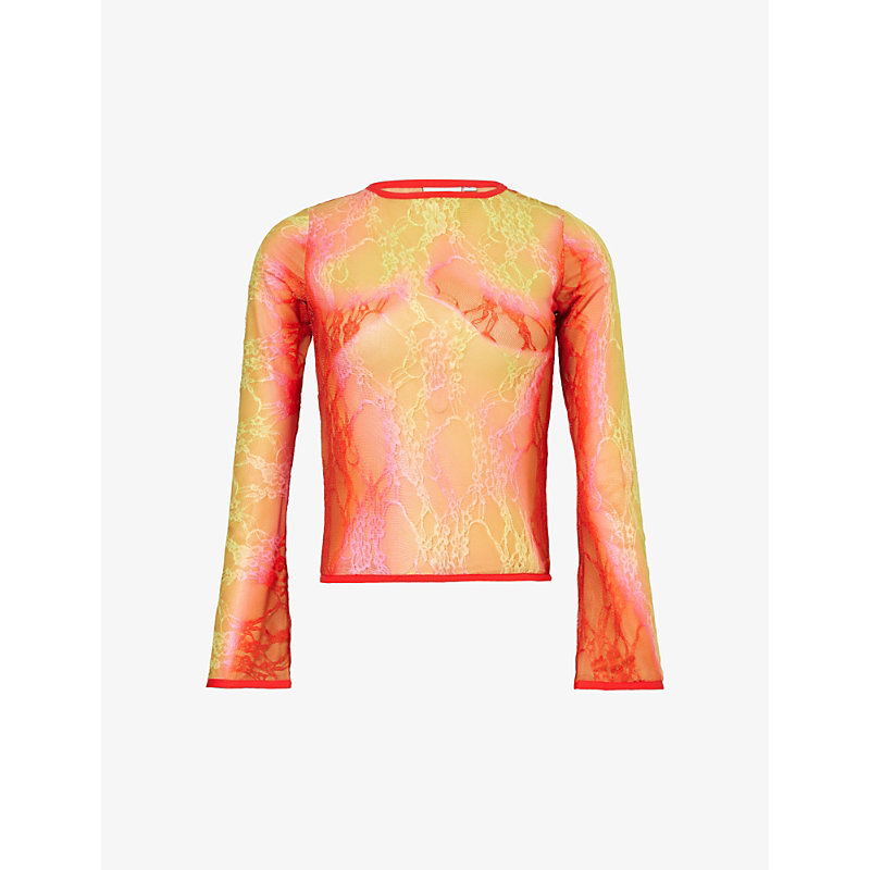 Sinead Gorey Womens Red Pink Gradient-pattern Long-sleeved Lace Top
