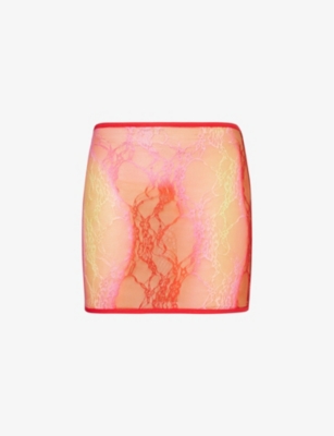 Sinead Gorey Womens Red Pink Gradient-pattern Slim-fit Lace Mini Skirt In Red Pink