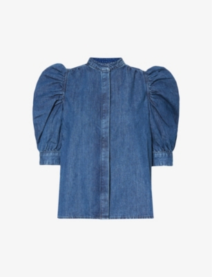 Frame Womens Dark Room Gillian Puffed-sleeve Denim Top In Dark Room