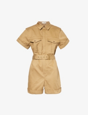 FRAME FRAME WOMENS KHAKI TAN UTILITY PATCH-POCKET BELTED COTTON-BLEND PLAYSUIT