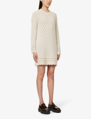 Shop Frame Women's Ecru Scallop-trim Round-neck Cotton And Silk-blend Knitted Mini Dress