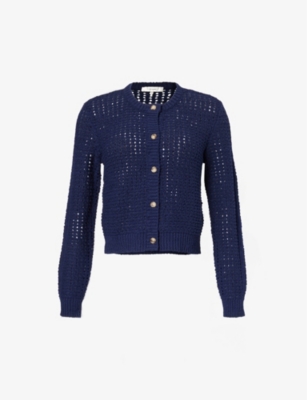 Frame Cropped Tape-yarn Cardigan In Navy