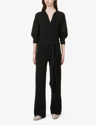 Shop Pretty Lavish Meg Straight-leg Waist-tie Knitted Jumpsuit In Black