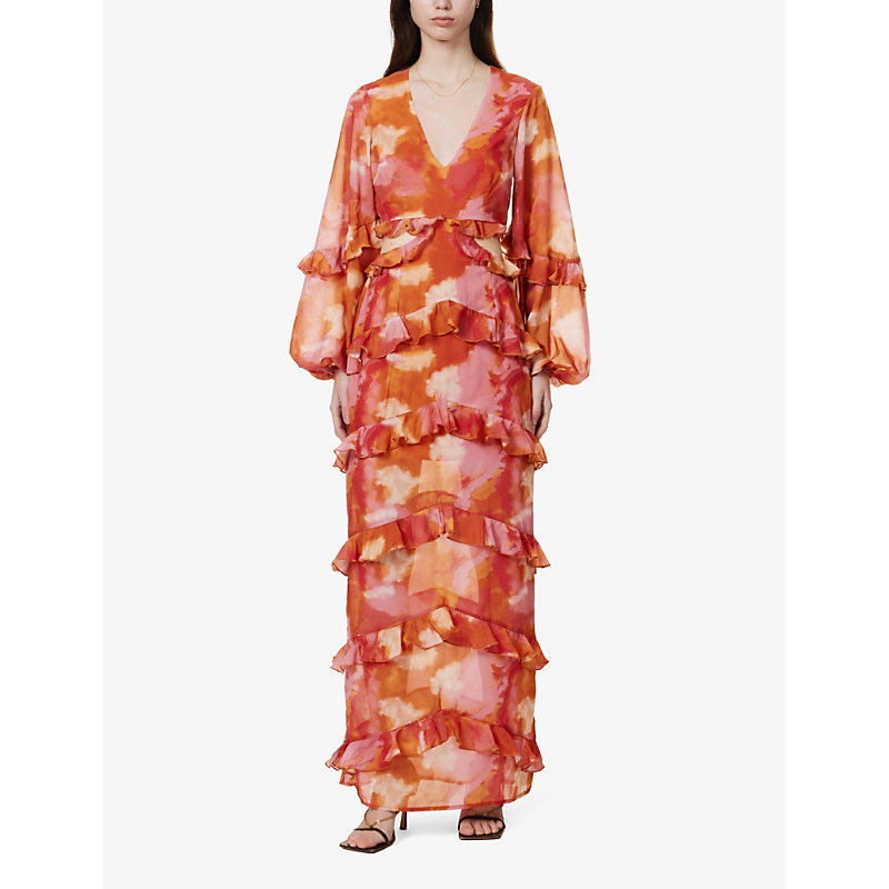 Shop Pretty Lavish Women's Abstract Watercolour Evie Cut-out Ruffle-trim Chiffon Maxi Dress