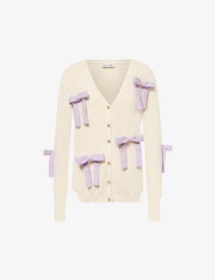 Shop Tanner Fletcher Women's Ivory Lavender Kenneth Bow-embellished Cotton-knit Cardigan