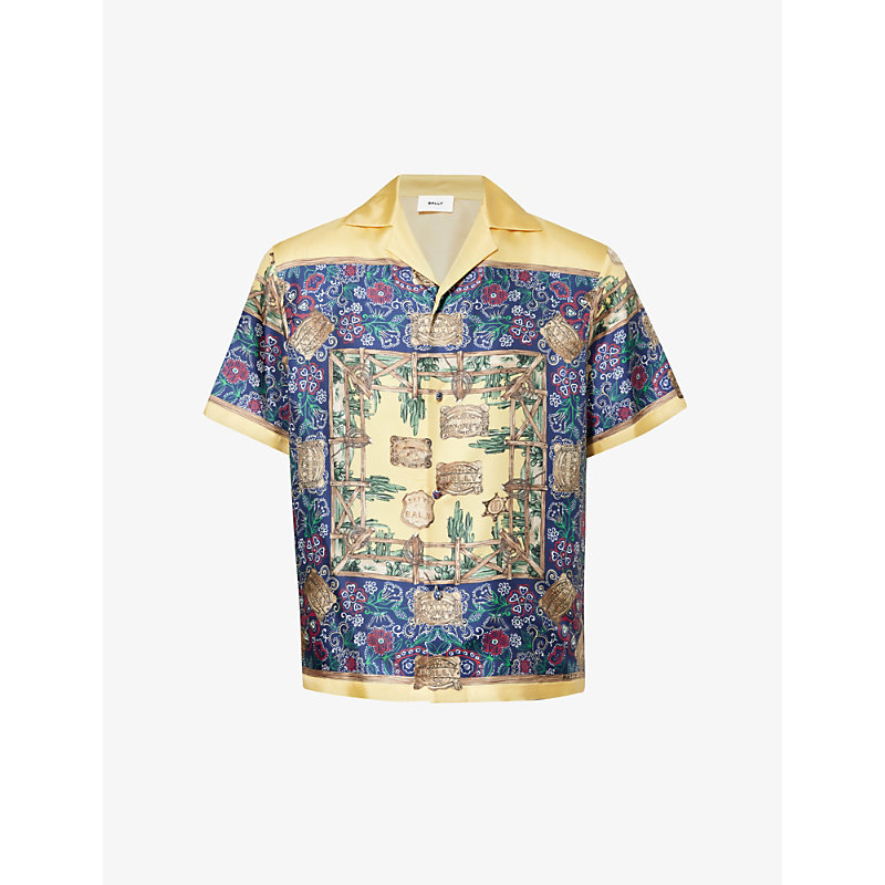 Shop Bally Floral-pattern Branded Camp-collar Relaxed-fit Silk Shirt In Multimarine