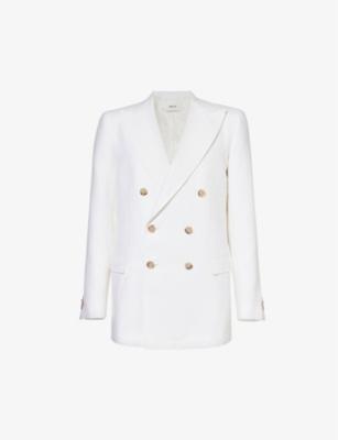 Shop Bally V-neck Double-breasted Regular-fit Linen Jacket In White