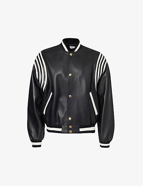 BALLY: Striped-sleeve stand-collar regular-fit leather bomber jacket