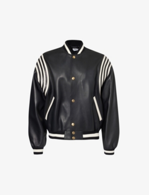 Shop Bally Men's Black Striped-sleeve Stand-collar Regular-fit Leather Bomber Jacket