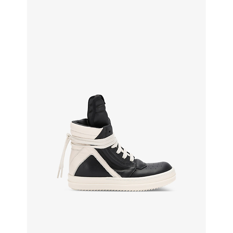 Rick Owens Kids' Geobasket Panelled Leather High-top Trainers In Blk/white