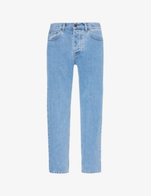 Shop Carhartt Wip Mens Blue Newel Brand-patch Tapered-leg Relaxed-fit Organic-cotton Jeans