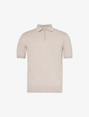 Shop Arne Short-sleeved Zip-up Cotton Polo Shirt In Stone