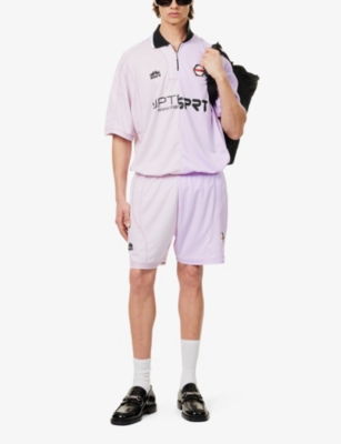 Shop Martine Rose Mens Lilac Half And Half Brand-print Relaxed-fit Woven Shorts