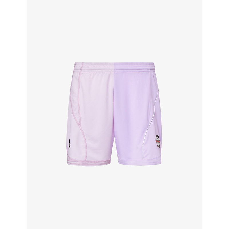 Shop Martine Rose Half And Half Brand-print Relaxed-fit Woven Shorts In Lilac