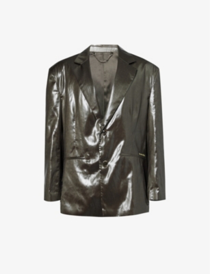 Martine Rose Mens Wet Look Khaki Empty Notched-lapel Relaxed-fit 