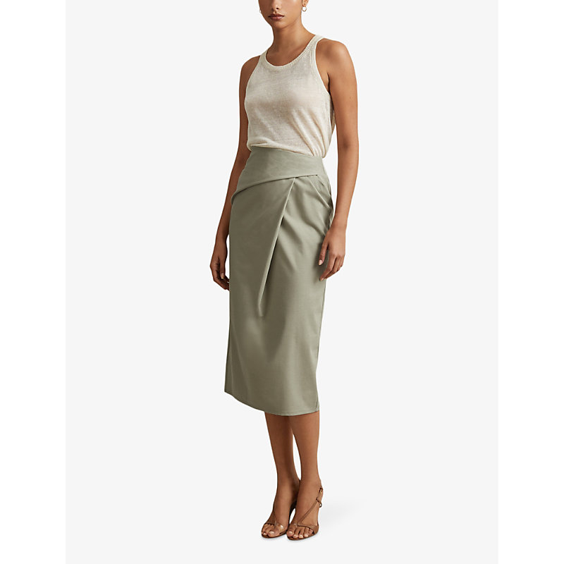 Shop Reiss Women's Khaki Nadia Wrap-front High-rise Stretch Cotton-blend Midi Skirt