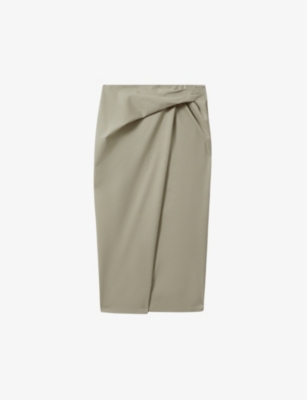 Shop Reiss Women's Khaki Nadia Wrap-front High-rise Stretch Cotton-blend Midi Skirt