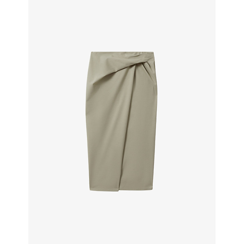 Shop Reiss Women's Khaki Nadia Wrap-front High-rise Stretch Cotton-blend Midi Skirt