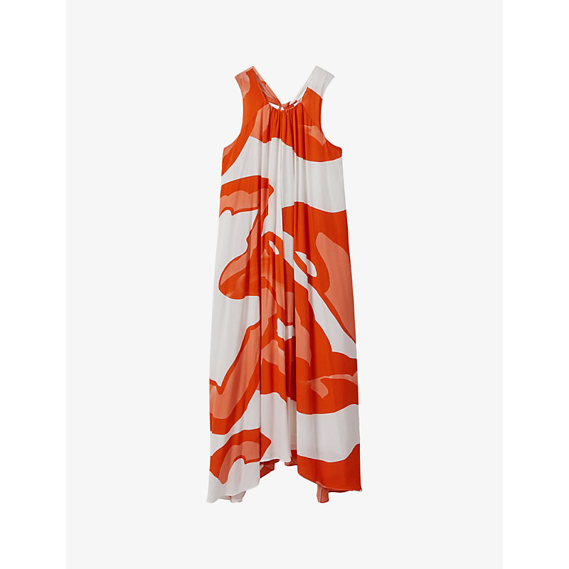 Shop Reiss Women's Orange/white Avia Graphic-print Dipped-hem Woven Midi Dress