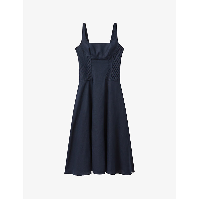 Shop Reiss Women's Navy Etta Corset-stitching Linen Midi Dress