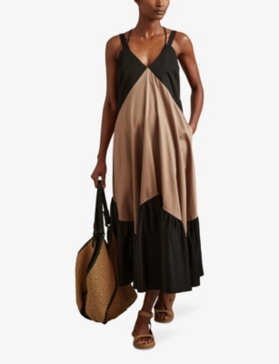 Shop Reiss Women's Brown/black Natalie Colour-blocked Cotton Maxi Dress