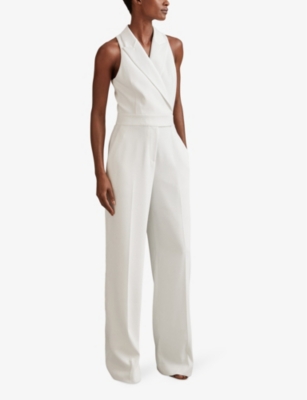 Shop Reiss Lainey Double-breasted Wide-leg Satin Jumpsuit In White