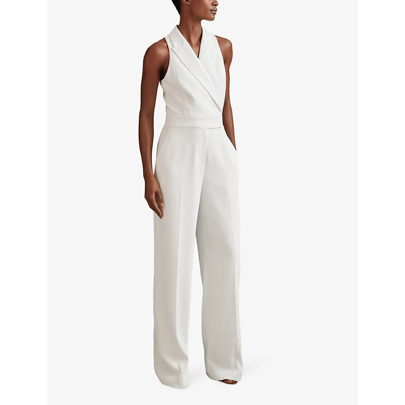 Shop Reiss Lainey Double-breasted Wide-leg Satin Jumpsuit In White