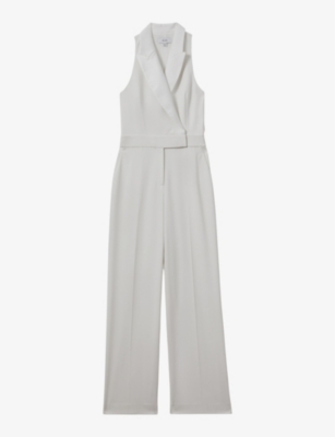 Reiss Womens White Lainey Double-breasted Wide-leg Satin Jumpsuit