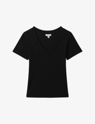 Shop Reiss Women's Black Becca V-neck Short-sleeve Ribbed Cotton T-shirt
