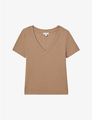 REISS: Becca V-neck short-sleeve ribbed cotton T-shirt