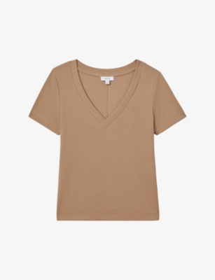 Shop Reiss Women's Camel Becca V-neck Short-sleeve Ribbed Cotton T-shirt