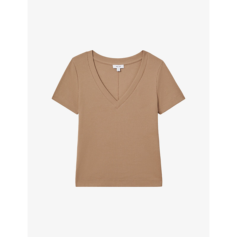Shop Reiss Women's Camel Becca V-neck Short-sleeve Ribbed Cotton T-shirt