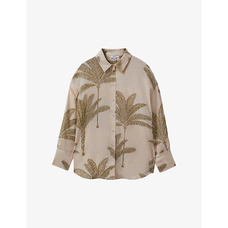 Shop Reiss Oskia Palm Tree-print Linen Shirt In Neutral