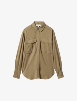 Shop Reiss Women's Khaki Isador Patch-pocket Relaxed-fit Woven Shirt