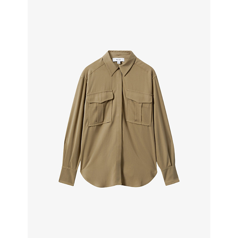 Reiss Womens Khaki Isador Patch-pocket Relaxed-fit Woven Shirt