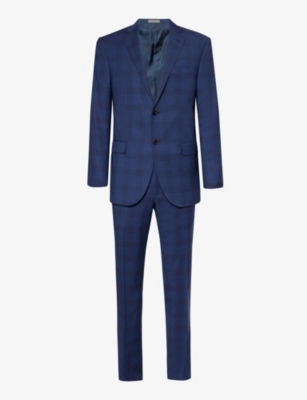 Corneliani Mens Blue Check-pattern Notched-lapel Regular-fit Wool Suit