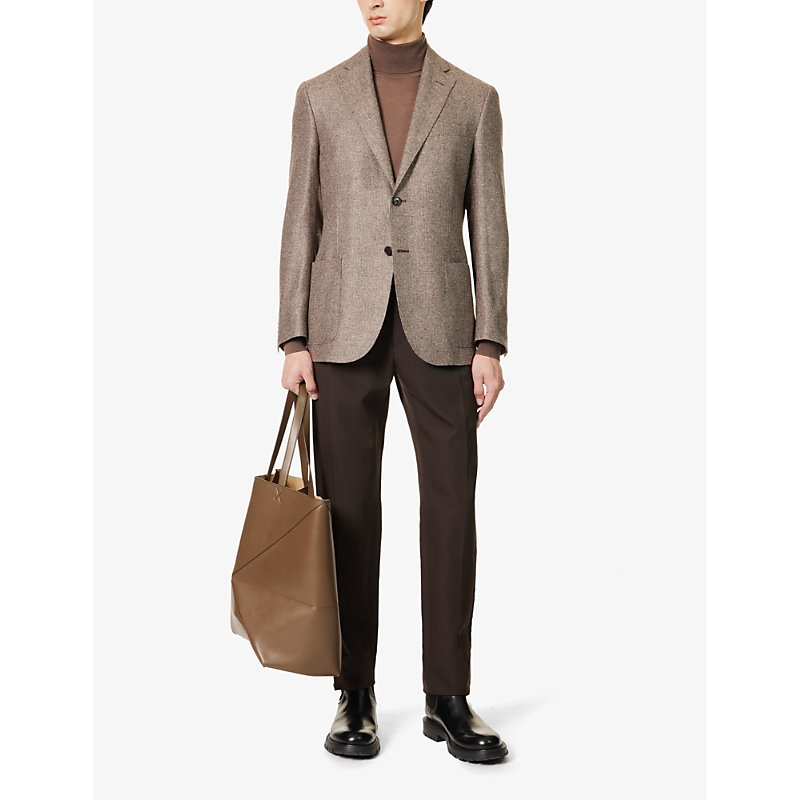 Shop Corneliani Notched-lapel Buttoned-cuff Regular-fit Silk Jacket In Brown