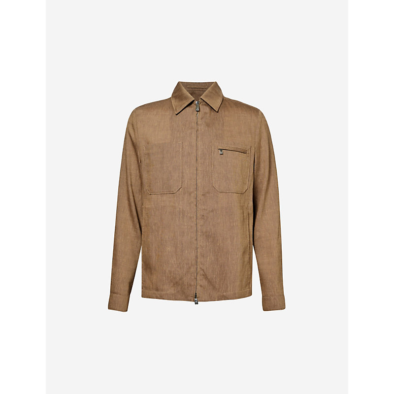Shop Corneliani Men's Brown Chest-pocket Long-sleeved Cotton Overshirt