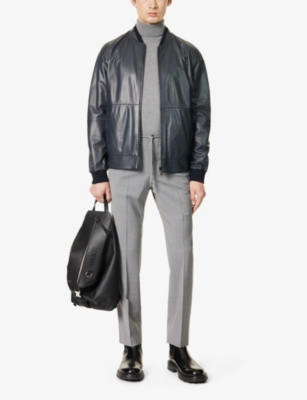 Shop Corneliani Men's Navy Reversible Stand-collar Regular-fit Leather Jacket