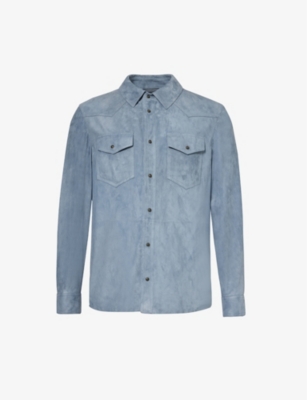 Corneliani Mens Light Blue Chest-pocket Spread-collar Suede Jacket
