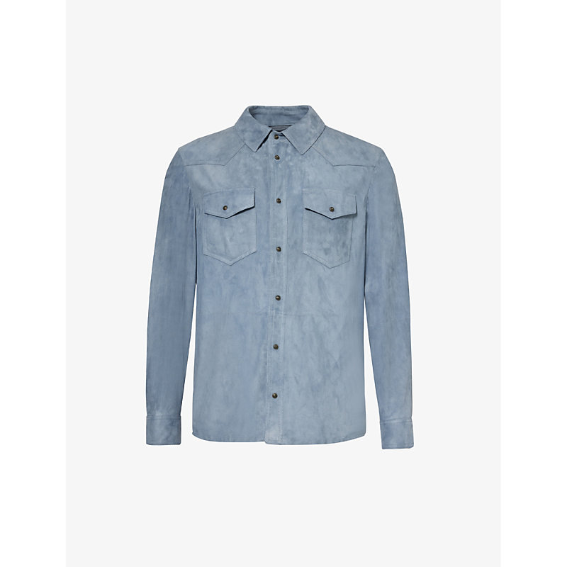 Corneliani Mens Light Blue Chest-pocket Spread-collar Suede Jacket