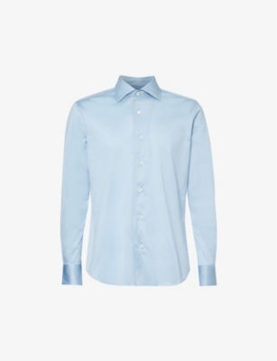 Shop Corneliani Mens Blue Spread-collar Long-sleeved Regular-fit Cotton Shirt