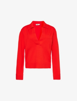 SIMKHAI SIMKHAI WOMENS VERNIS RED OPEN-COLLAR COTTON AND CASHMERE-BLEND JUMPER