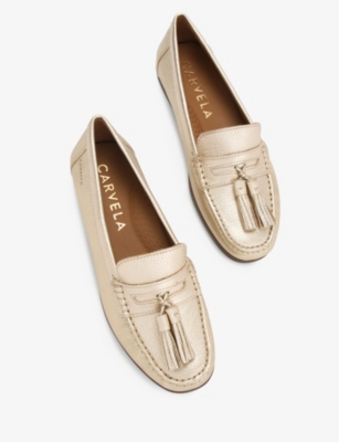 Shop Carvela Comfort Women's Gold Tuscany Tassel-embellished Flat Leather Loafers