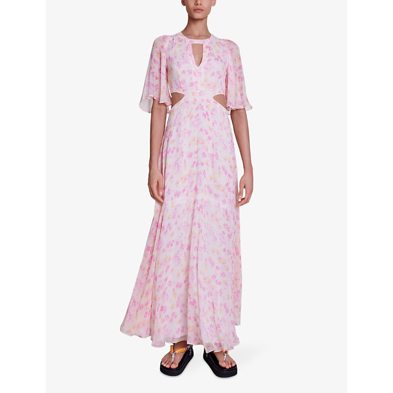 Shop Maje Women's Pink/white Floral-print Cut-out Woven Maxi Dress In Imprime