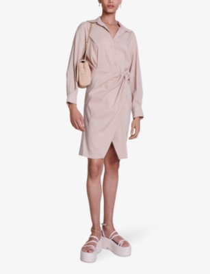 Shop Maje Women's Naturels Open-collar Belted-waist Stretch Linen-blend Mini Dress