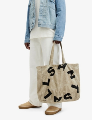 Shop Allsaints Mens Taupe/jet Blk Tierra Logo-print Large Organic-cotton Tote Bag