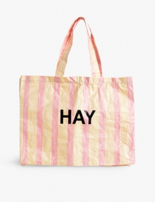 HAY HAY WOMEN'S RED AND YELLOW CANDY STRIPE MEDIUM PLASTIC SHOPPING BAG