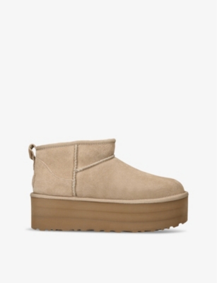 Shop Ugg Women's Beige Classic Ultra Mini Suede And Shearling Platform Ankle Boots