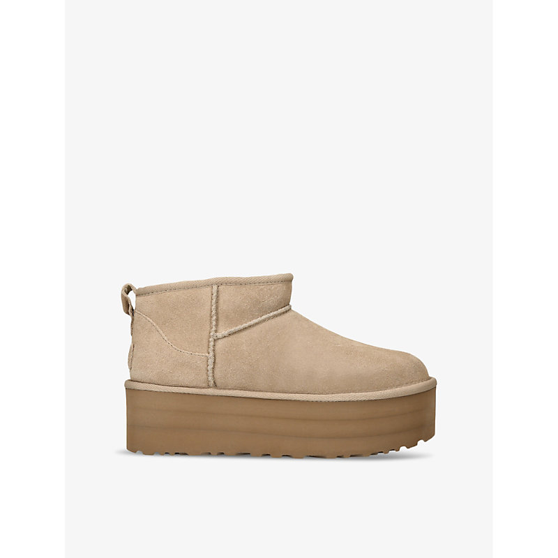 Shop Ugg Women's Beige Classic Ultra Mini Suede And Shearling Platform Ankle Boots